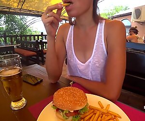 Eating Burger and Flashing in the Cafe Transparent T-shirt no Bra (teaser)