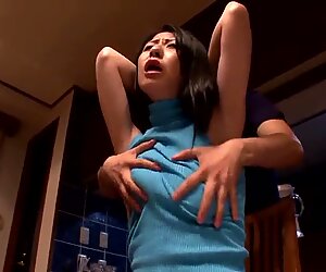 Asian babe in miniskirt getting her cunt fondled in the kitchen